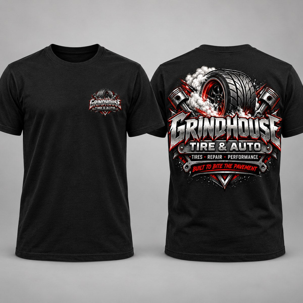 Grindhouse Tire & Auto concept shirt by MiPro Custom Tees